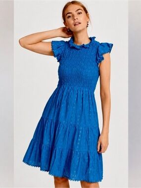 Sea New York Metallic Clip Dot Smocked Midi Dress Blue Gold Size 2 MSRP $420